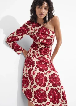& Other Stories Dresses | Asymmetric One-Shoulder Midi Dress Red Florals