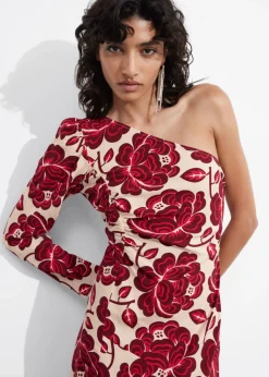 & Other Stories Dresses | Asymmetric One-Shoulder Midi Dress Red Florals