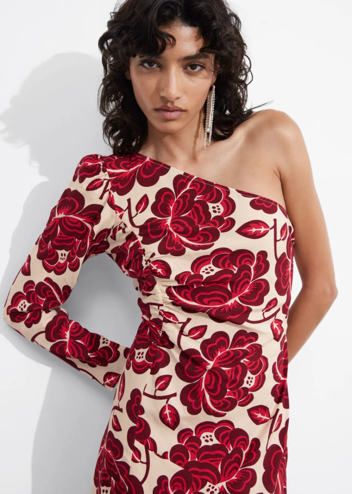 & Other Stories Dresses | Asymmetric One-Shoulder Midi Dress Red Florals