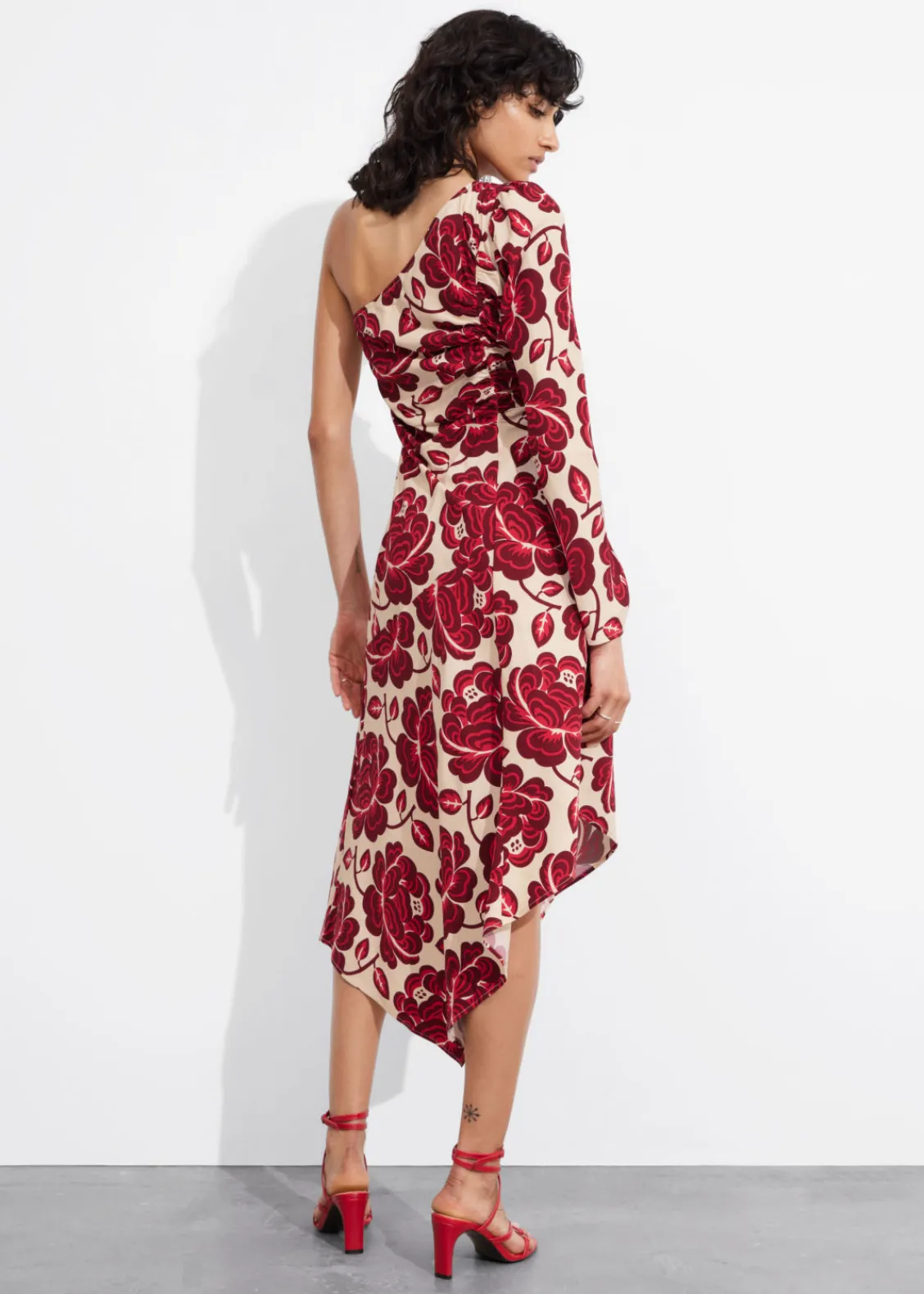 & Other Stories Dresses | Asymmetric One-Shoulder Midi Dress Red Florals
