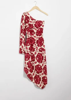& Other Stories Dresses | Asymmetric One-Shoulder Midi Dress Red Florals