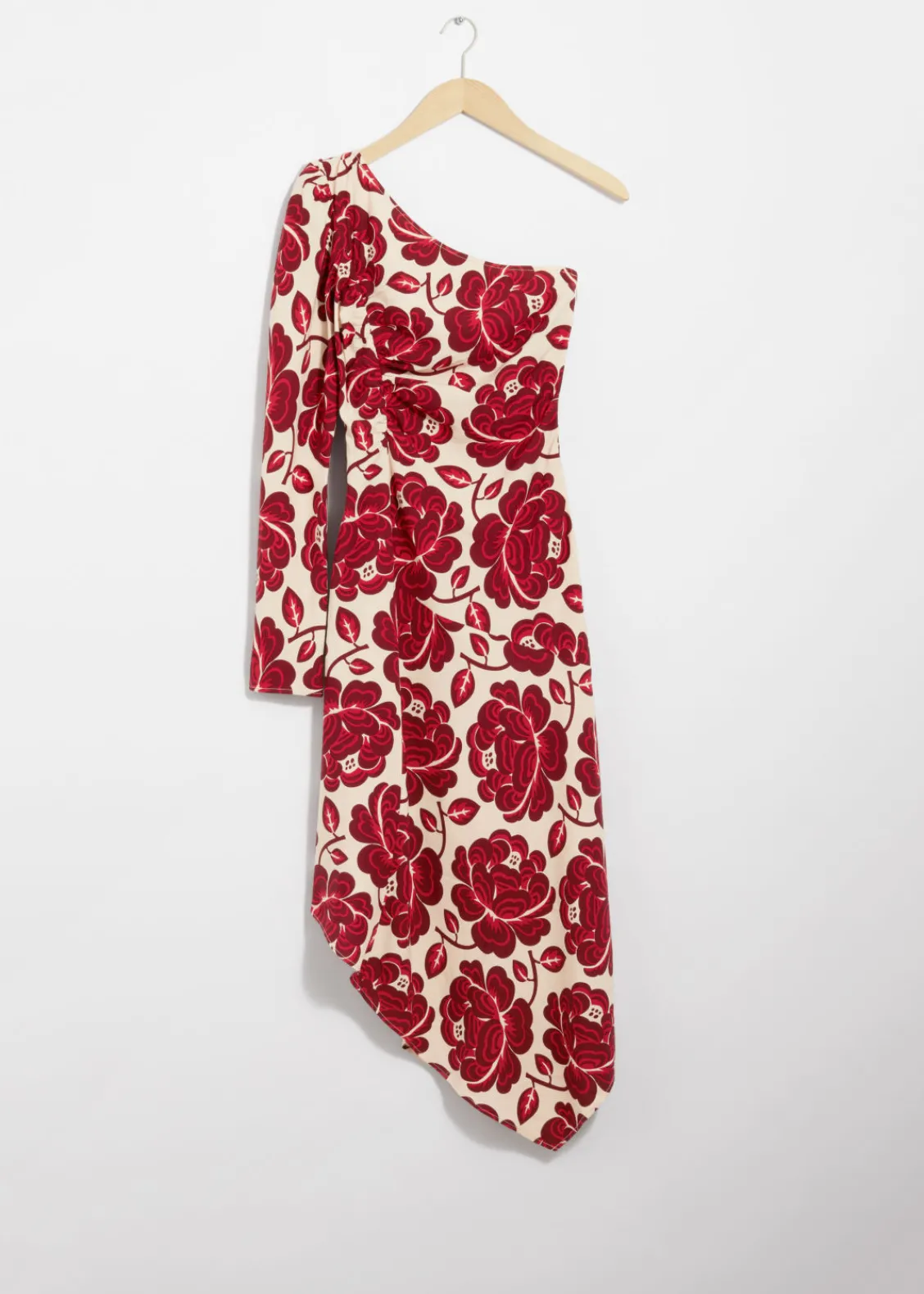 & Other Stories Dresses | Asymmetric One-Shoulder Midi Dress Red Florals