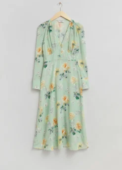 & Other Stories Dresses | Buttoned V-Cut Midi Dress Light Green Floral Print