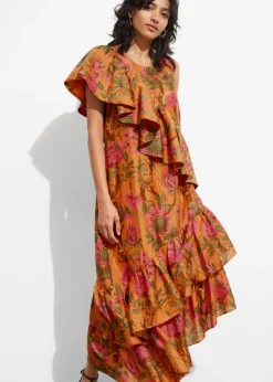 & Other Stories Dresses | Cascading Ruffle Midi Dress Orange Print