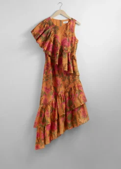 & Other Stories Dresses | Cascading Ruffle Midi Dress Orange Print