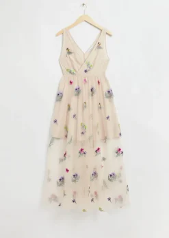 & Other Stories Dresses | Embellished Gathered Tulle Dress Light Beige Floral Embroidery