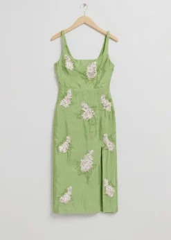 & Other Stories Dresses | Floral Embroidered Midi Dress Green Floral Embellishment