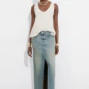 & Other Stories Skirts | Front-Slit Denim Midi Skirt Faded Blue