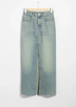& Other Stories Skirts | Front-Slit Denim Midi Skirt Faded Blue