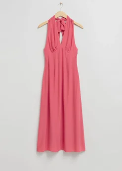 & Other Stories Dresses | Halterneck Bow Detail Flared Dress Pink