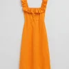& Other Stories Dresses | Ruffle Neck Linen Midi Dress Orange
