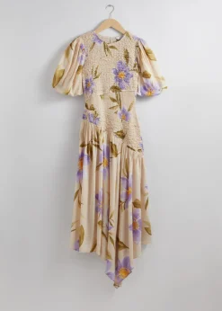 & Other Stories Dresses | Smocked Asymmetric Midi Dress Lilac Florals