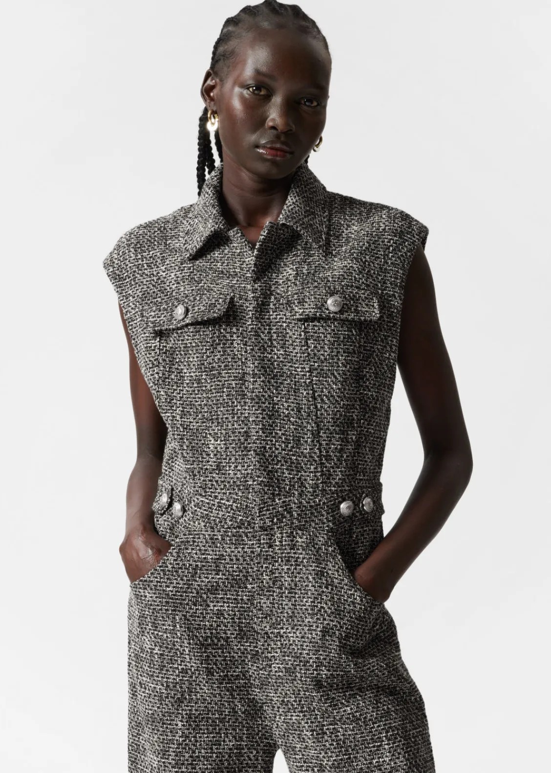 & Other Stories Jumpsuits | Pants | Wide Sleeveless Tweed Jumpsuit Black Tweed